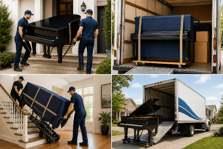 Piano being moved by professionals
