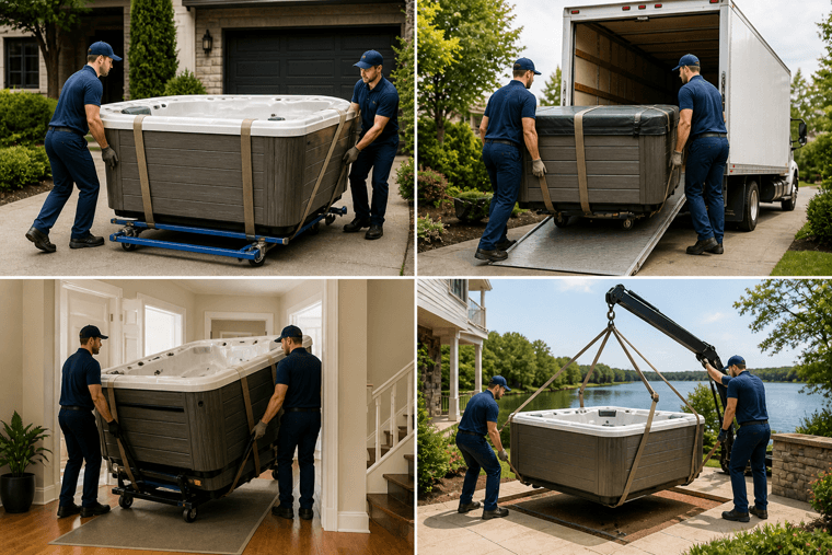 Hot tub being moved professionally