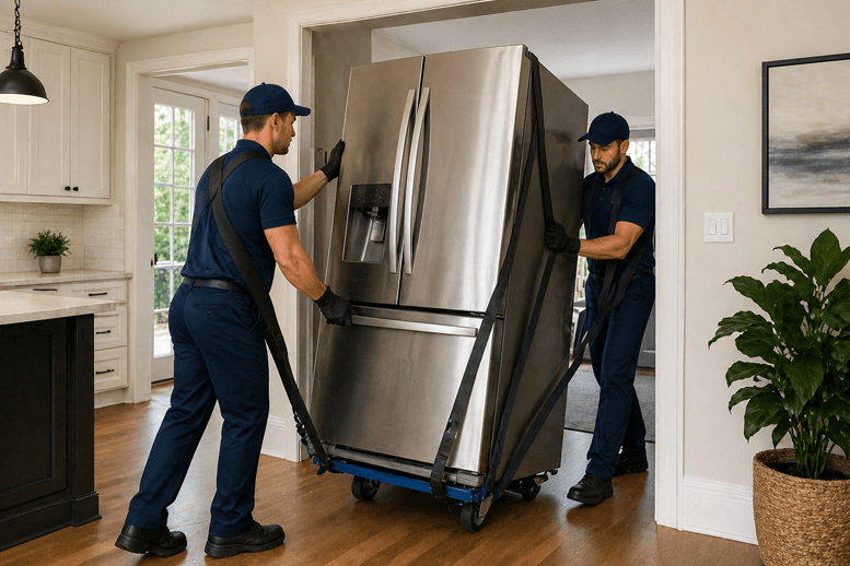 Professional movers handling appliance